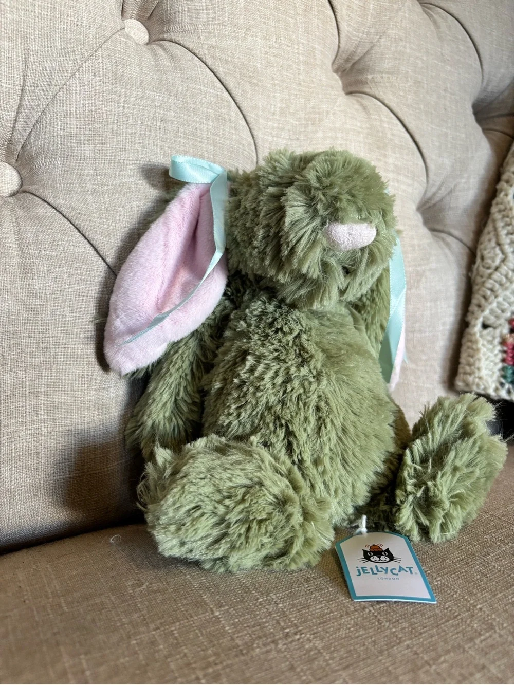 Jellycat Bashful Bunny Plush — Green with Pink Ears